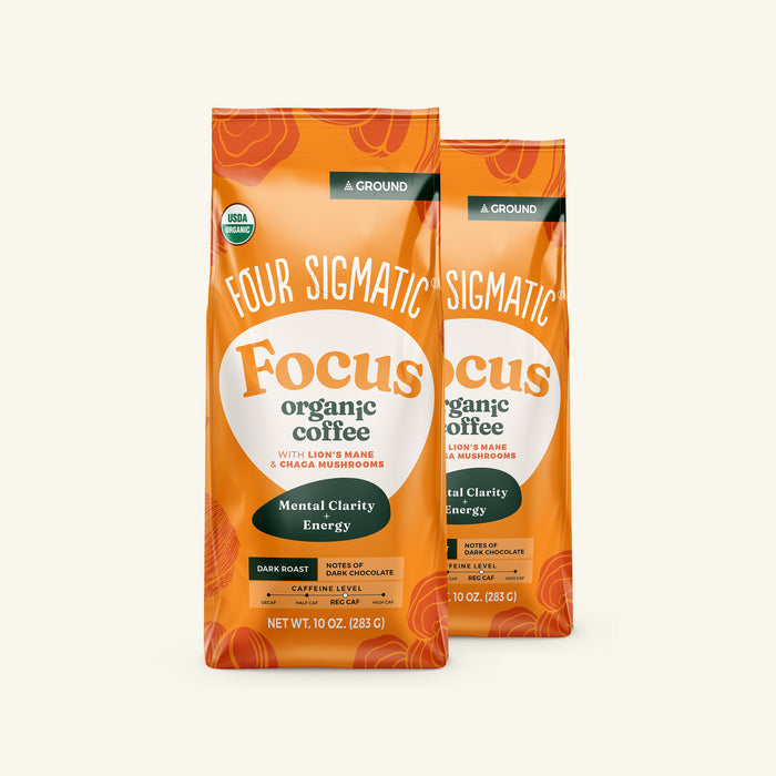 Two bags of Four Sigmatic Focus Ground Coffee Dark in manufacturer packaging